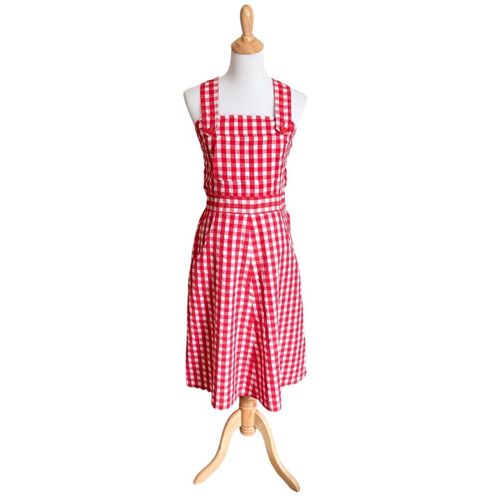 Gingham Pinafore Dress Midi Cottage Picnic Retro Handmade Vintage Red Summer